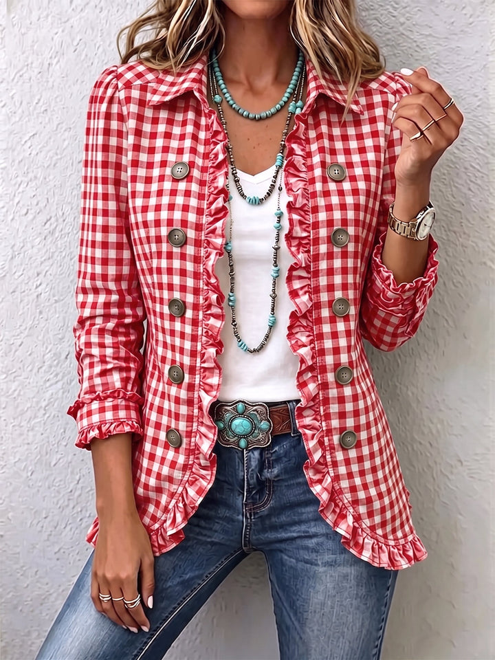 Charlene | Veste boutonnée à carreaux vichy et volants